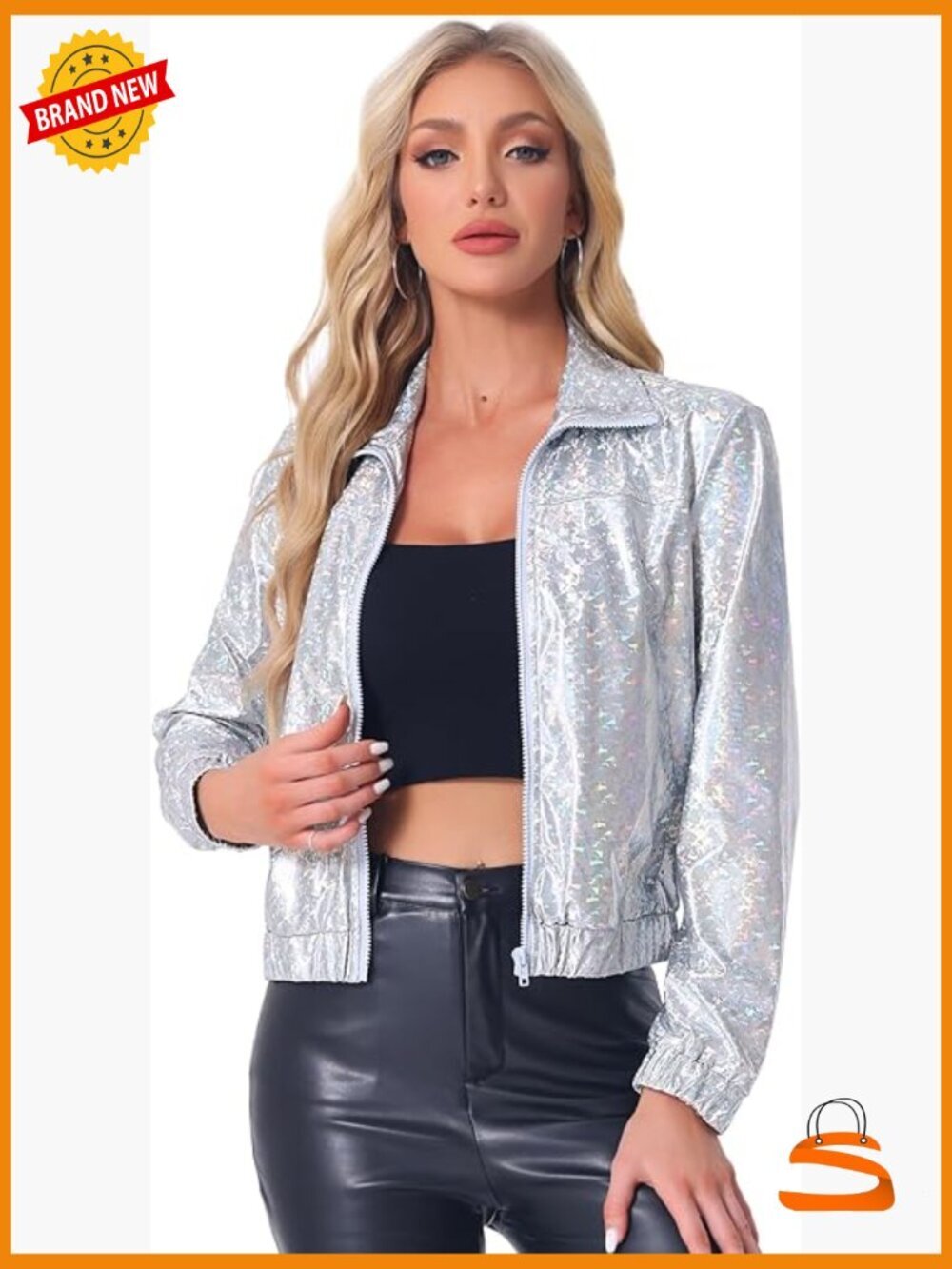 Holographic Shiny Party Long Sleeve Zipper Metallic Lightweight Track Jacket